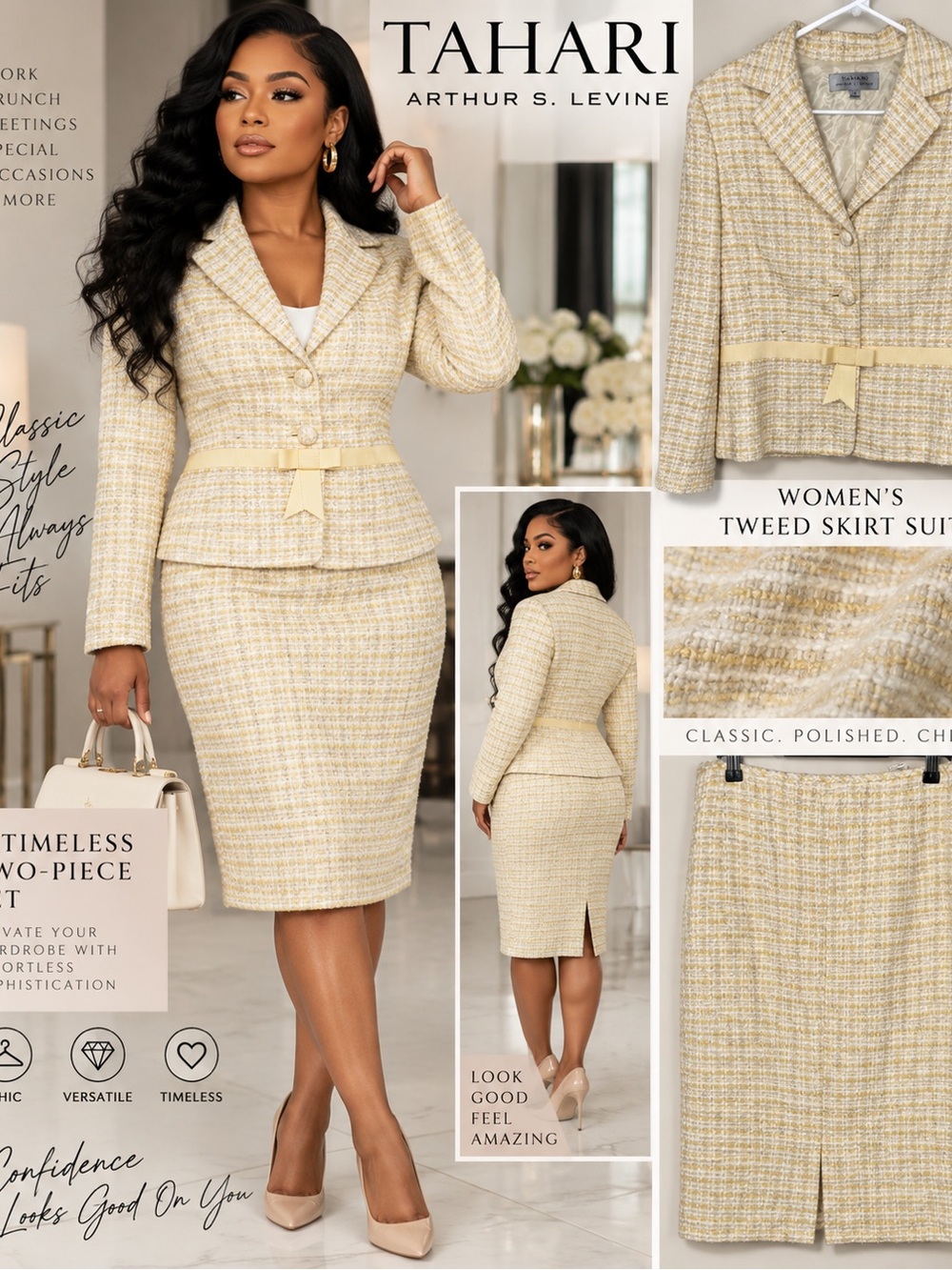 TAHARI Women's Cream and Pale Yellow Tweed Pencil Skirt size 12